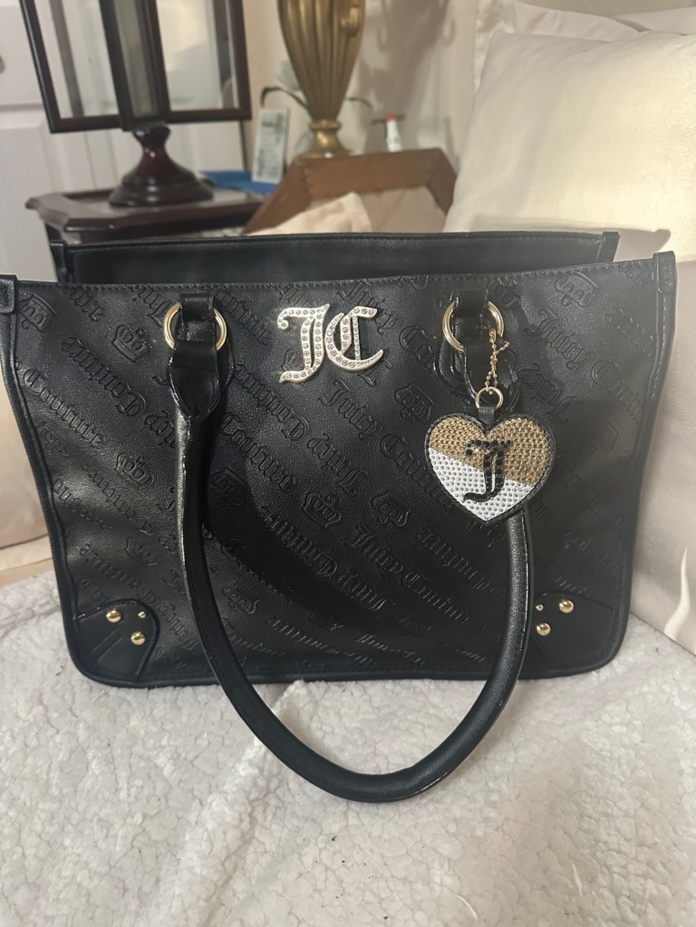 Juicy Couture Black Embossed Logo Tote with Gold JC Accent
